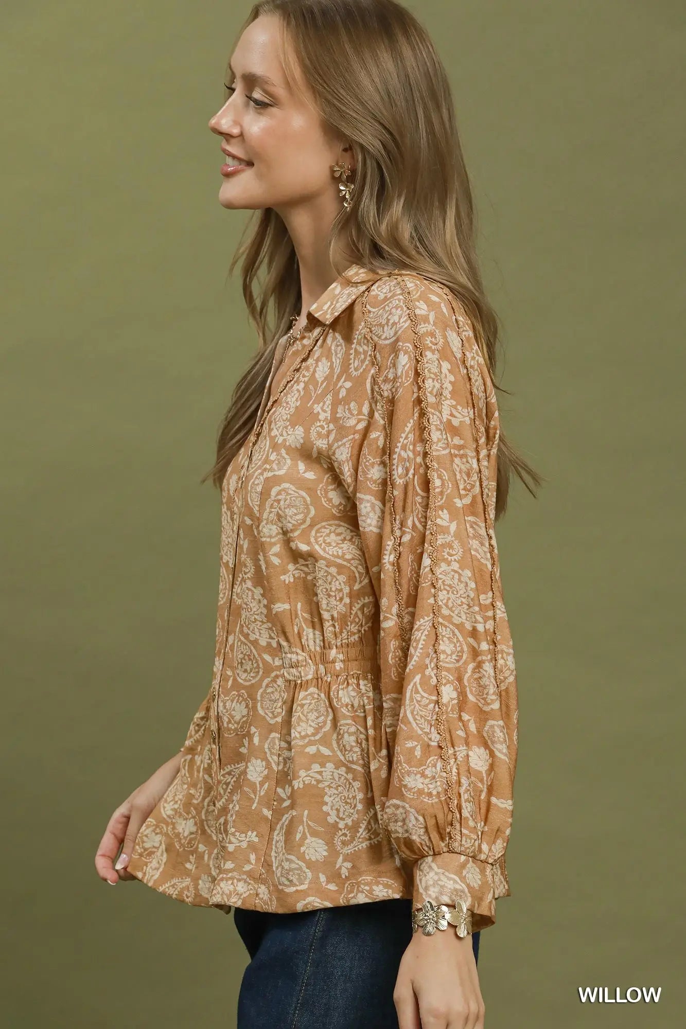 Paisley print button front top