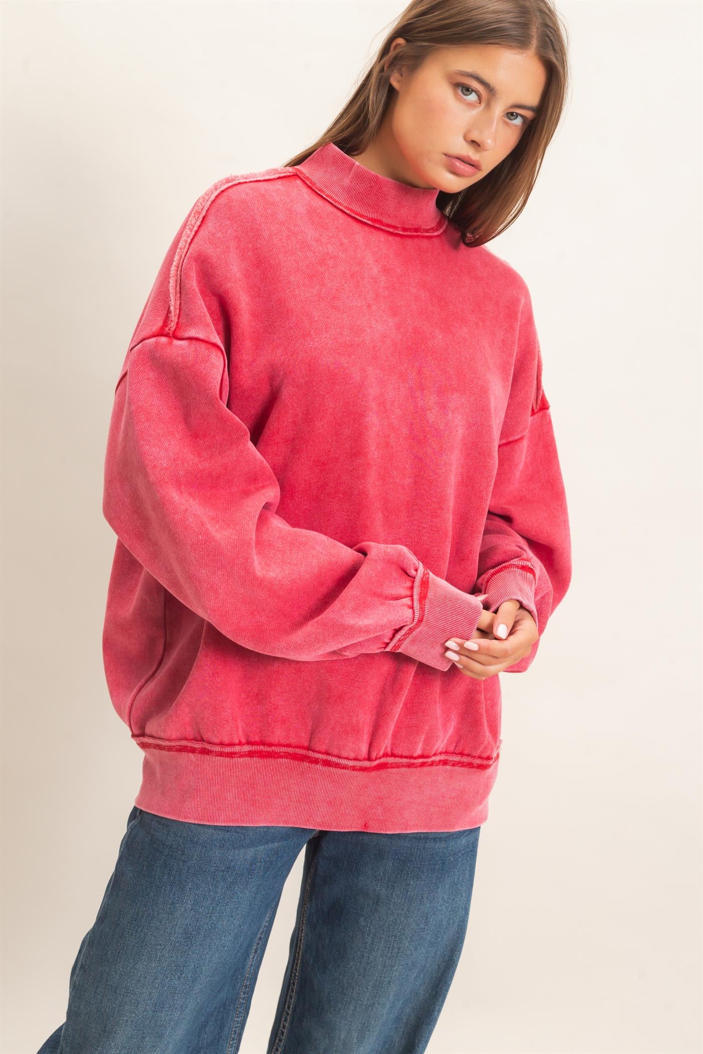 Acid washed mock neck sweatshirt