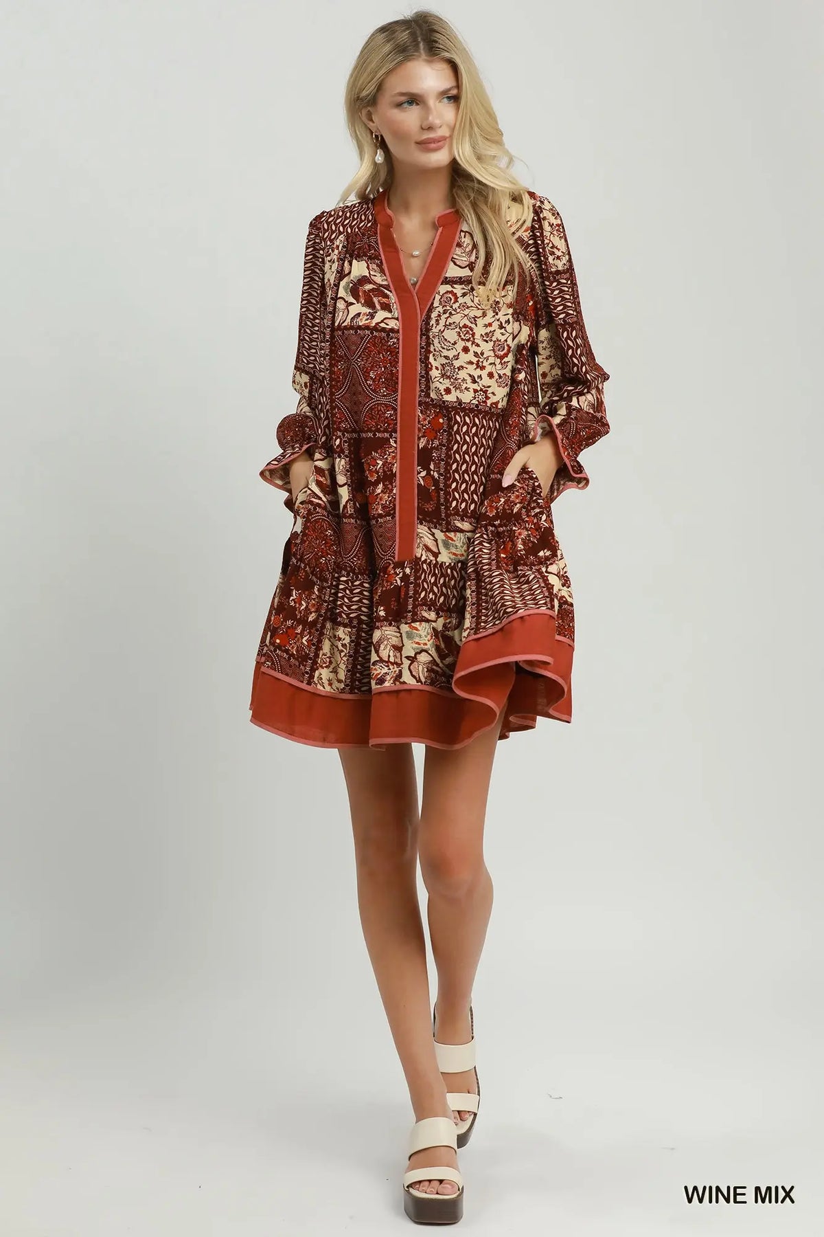 Mix patchwork long sleeve dress