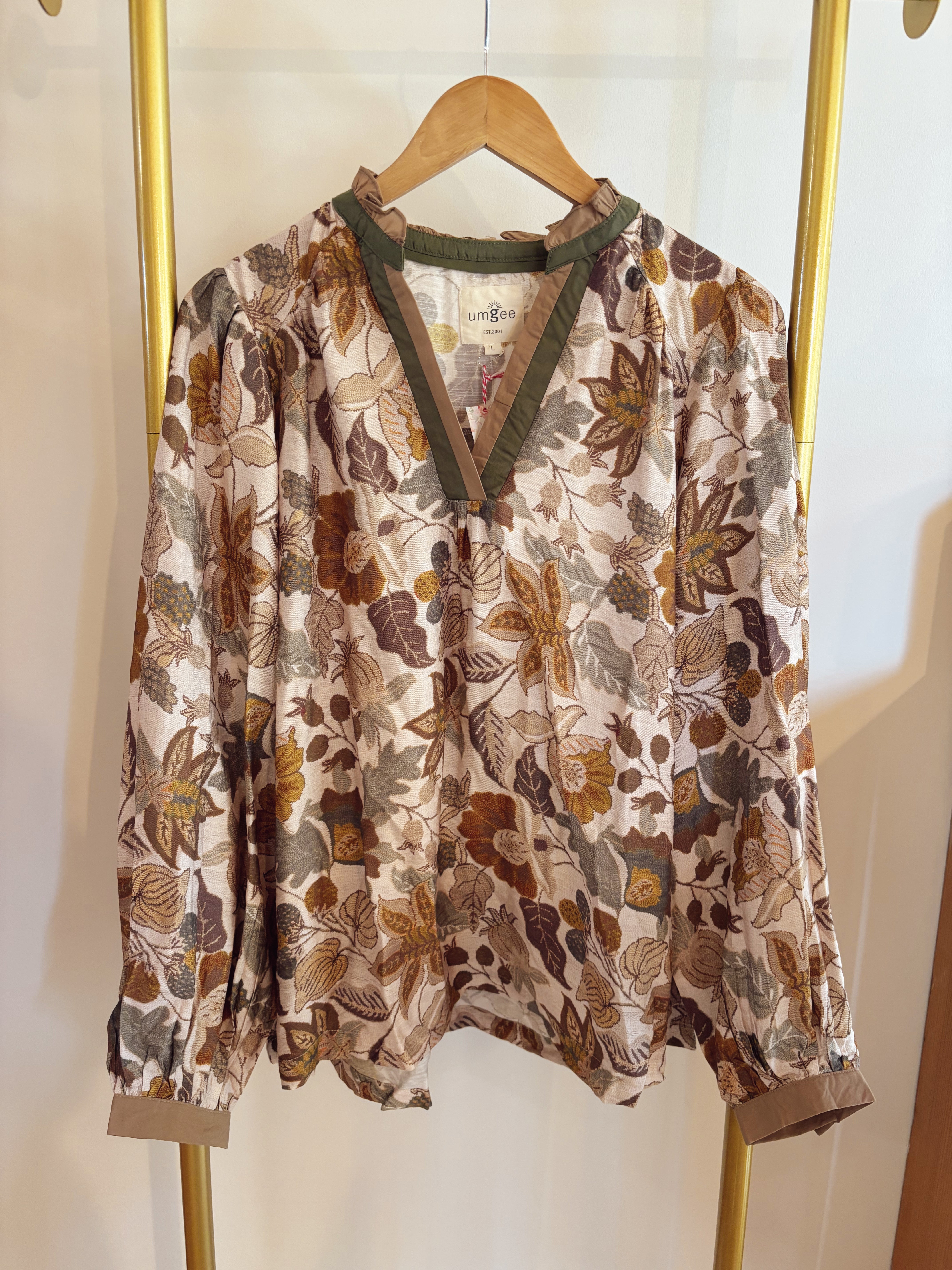 Floral print top with color block contrast