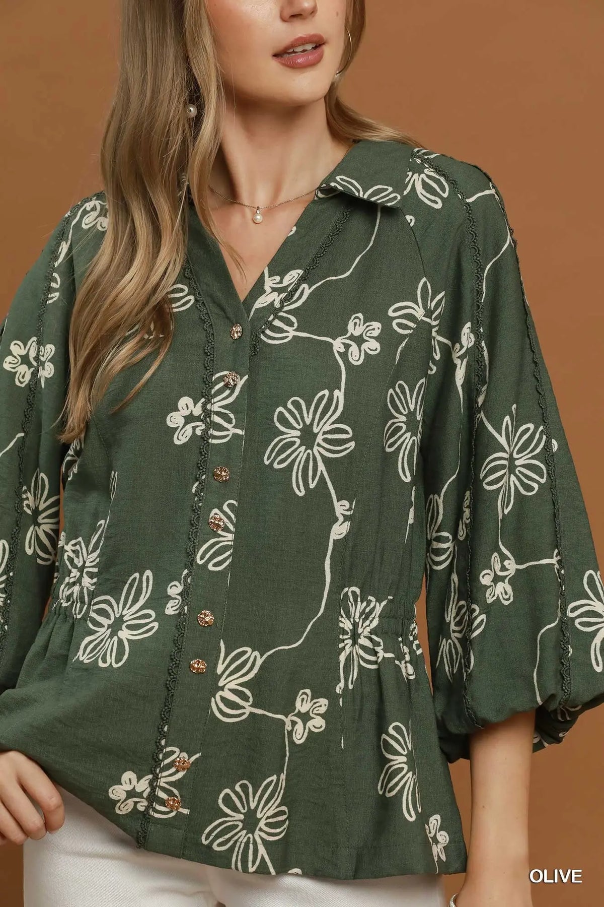 Floral Line Print Button Front Collared Blouse