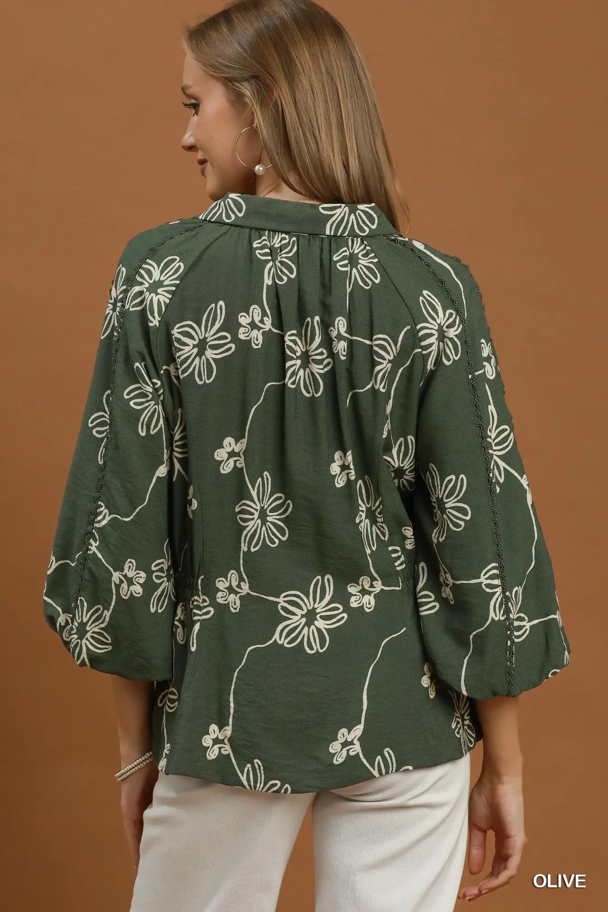Floral Line Print Button Front Collared Blouse