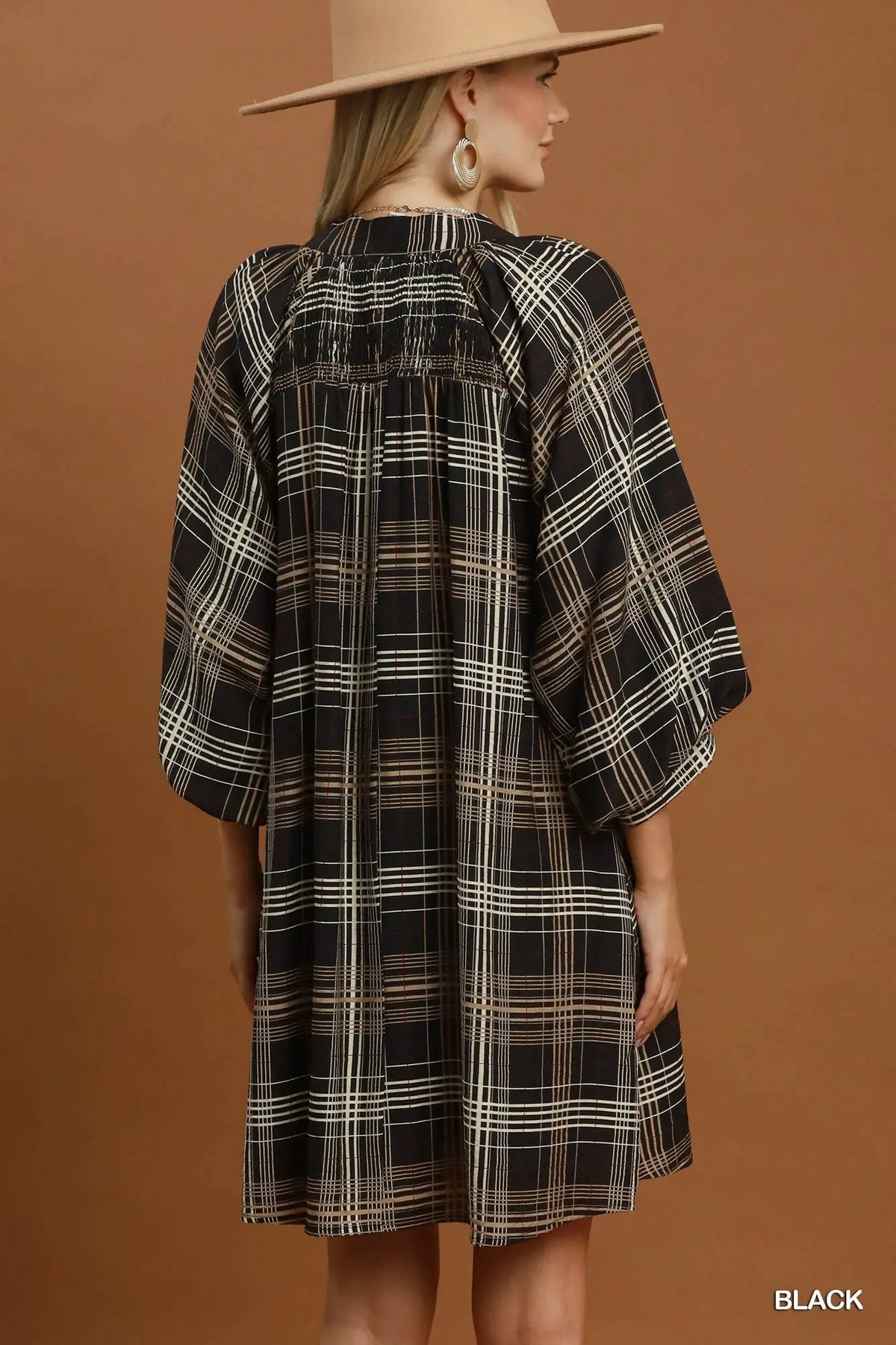 Plaid V-Neck Balloon Sleeve Shift Dress