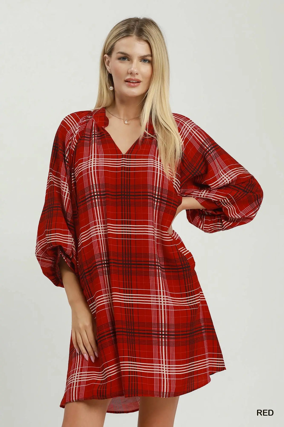 Plaid V-Neck Balloon Sleeve Shift Dress