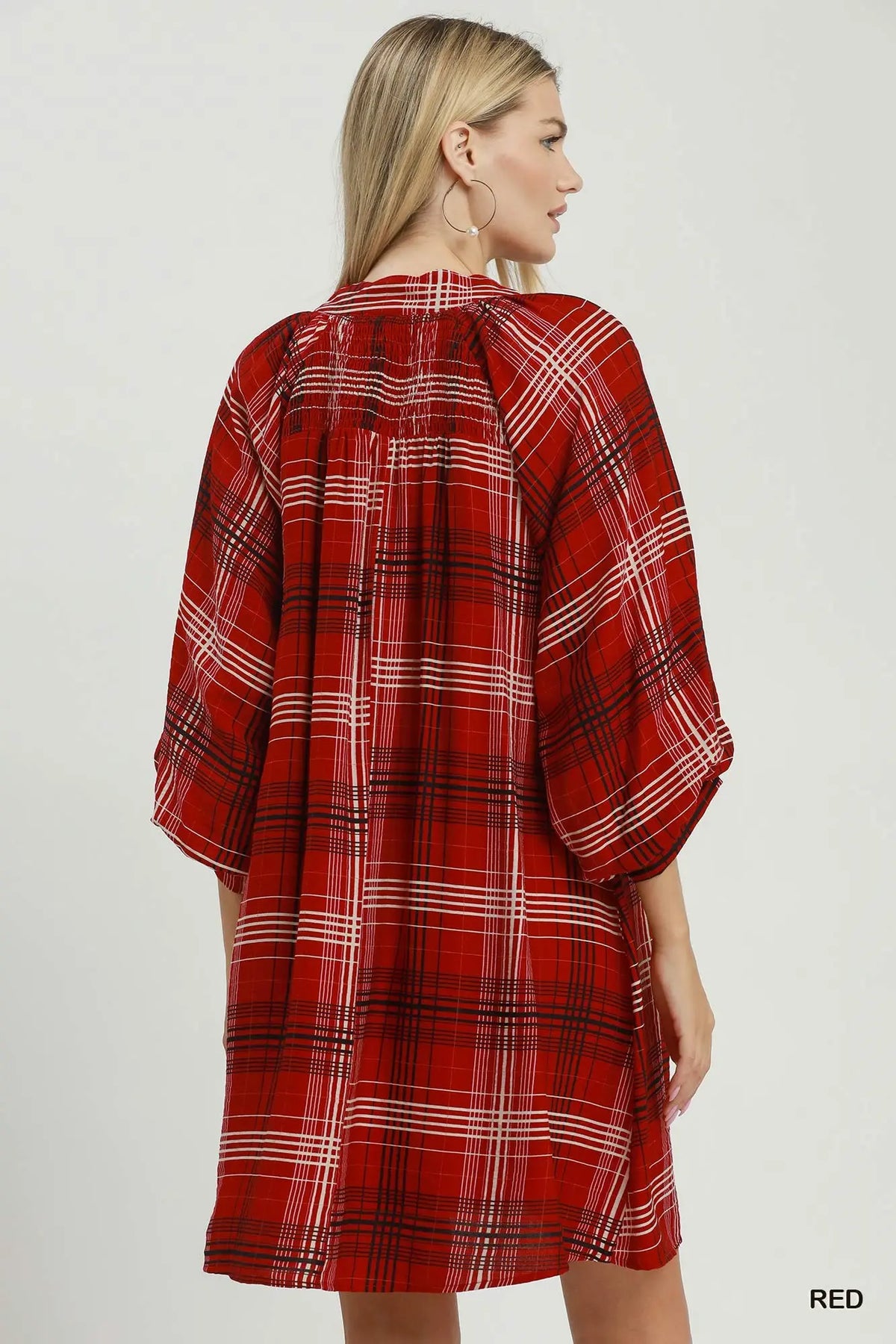 Plaid V-Neck Balloon Sleeve Shift Dress