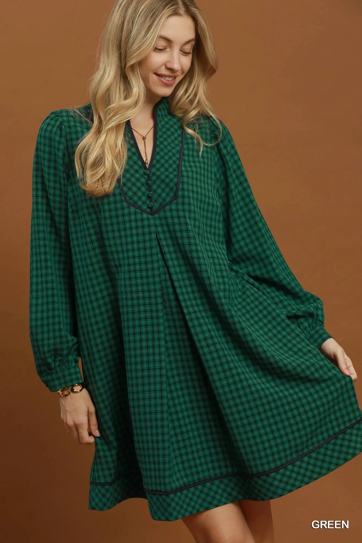 Plaid Contrast Collar Long Sleeve Shift Dress