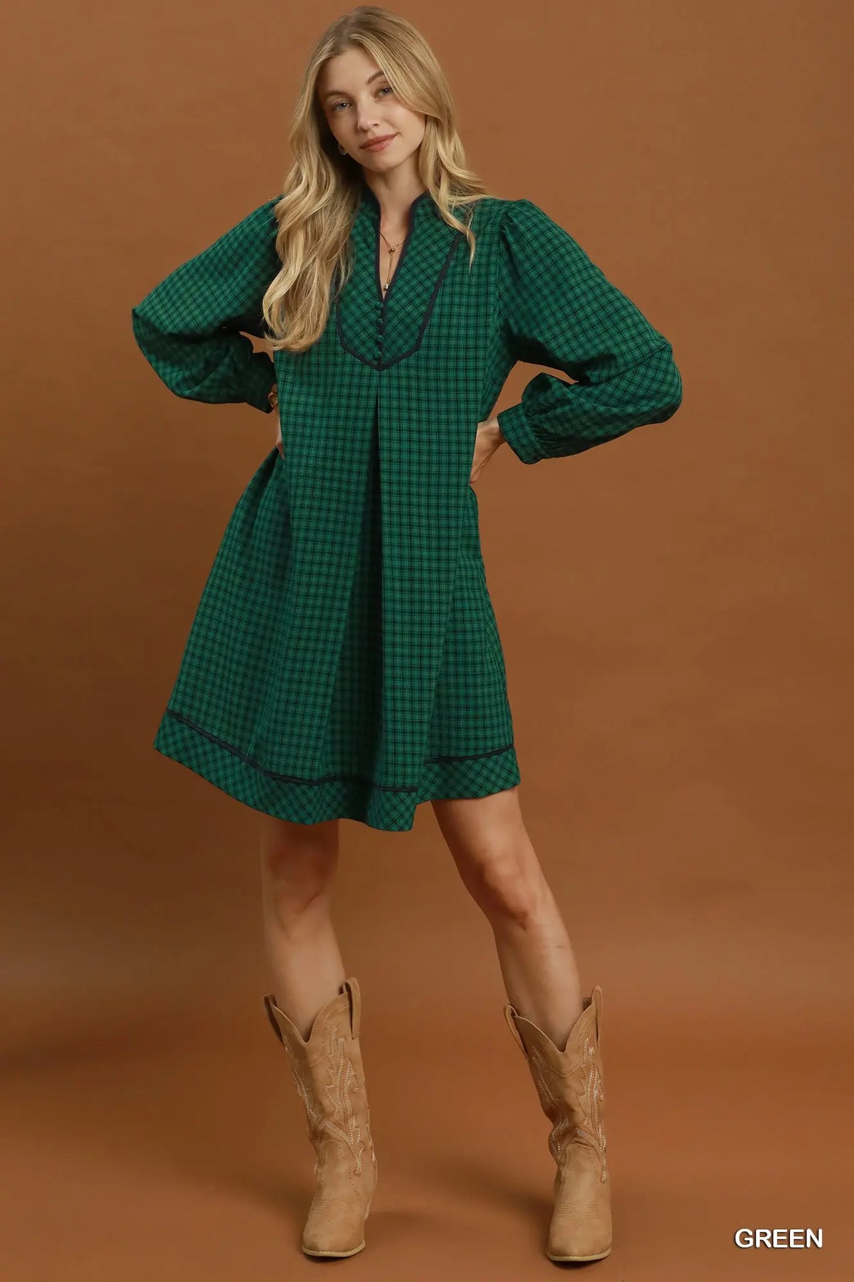 Plaid Contrast Collar Long Sleeve Shift Dress