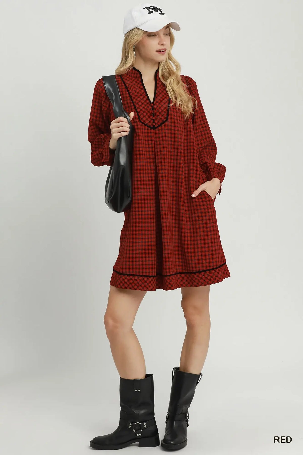 Plaid Contrast Collar Long Sleeve Shift Dress