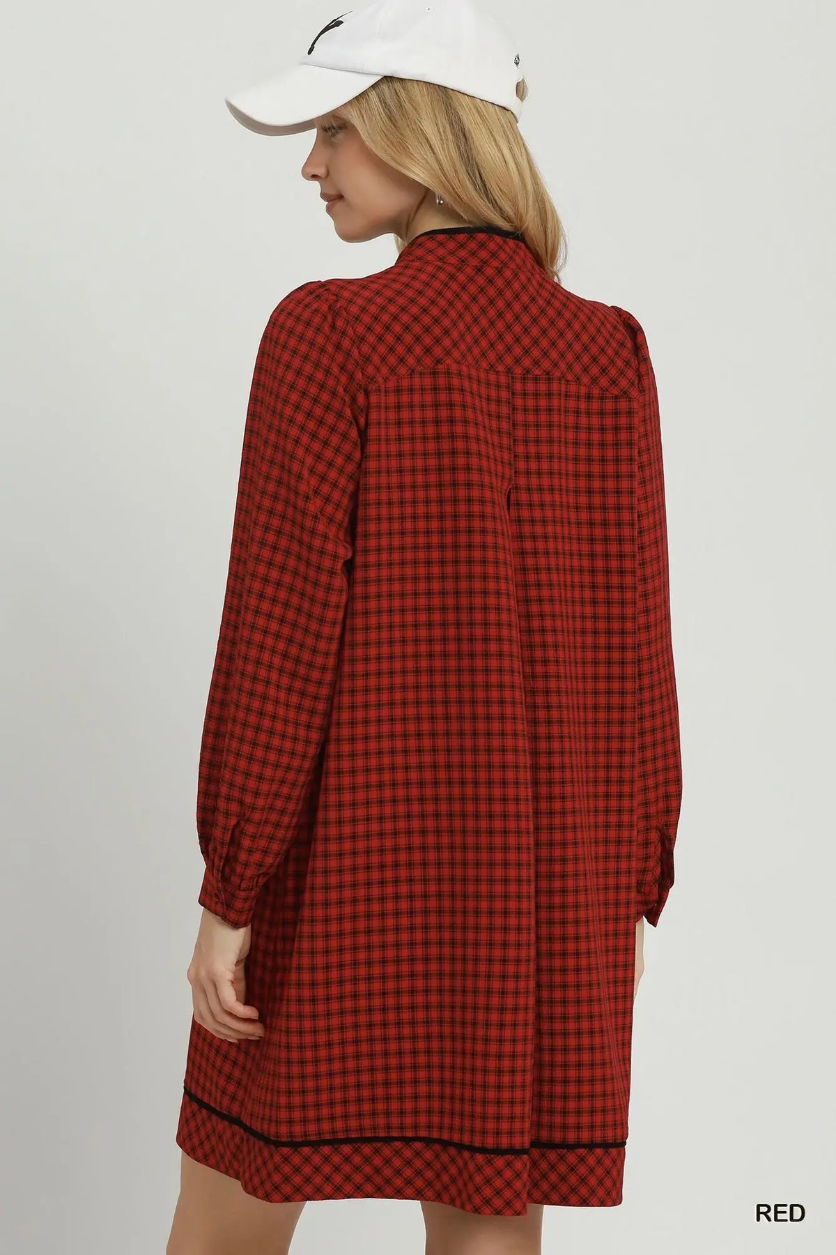 Plaid Contrast Collar Long Sleeve Shift Dress