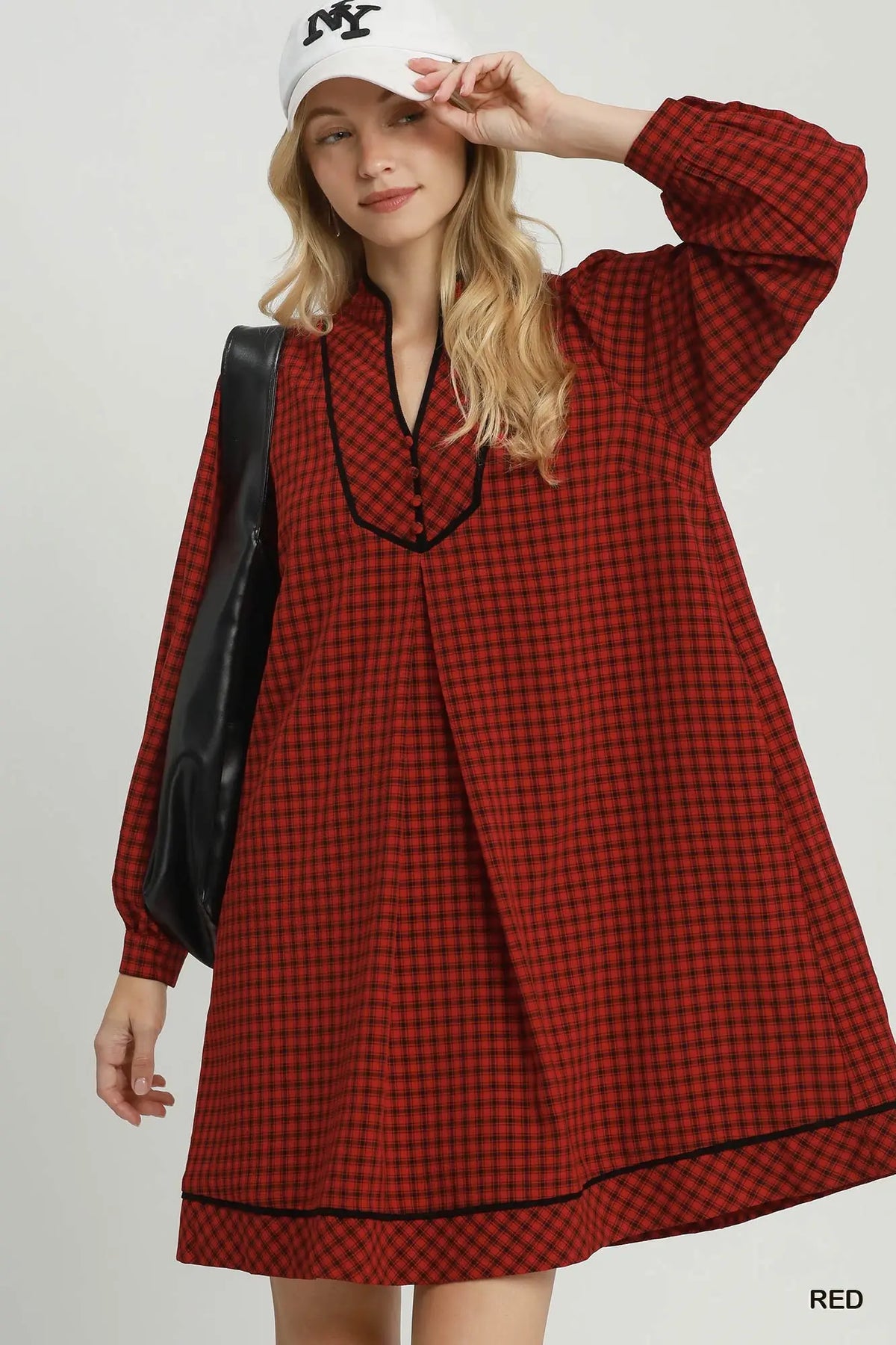 Plaid Contrast Collar Long Sleeve Shift Dress