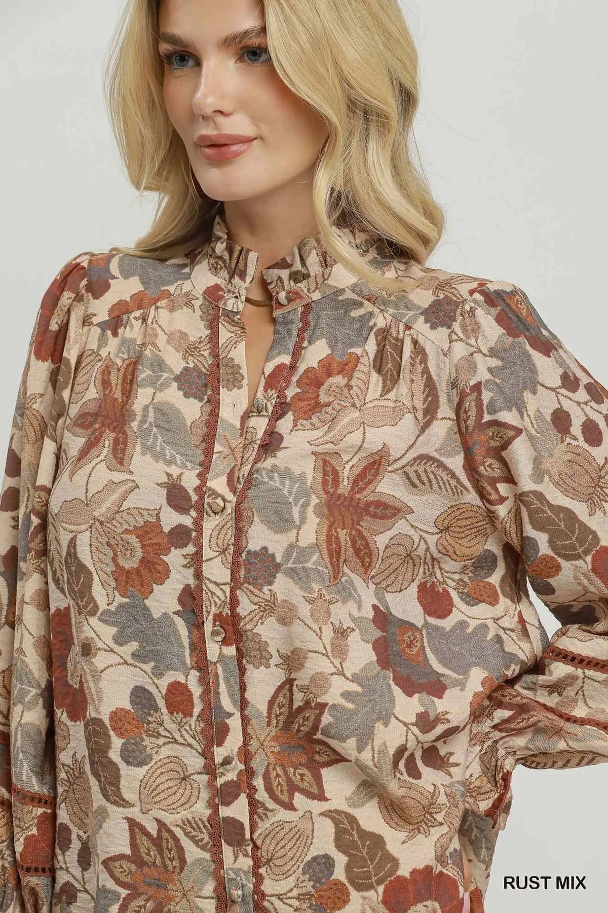 Floral Ruffle Neck Button-Down Blouse
