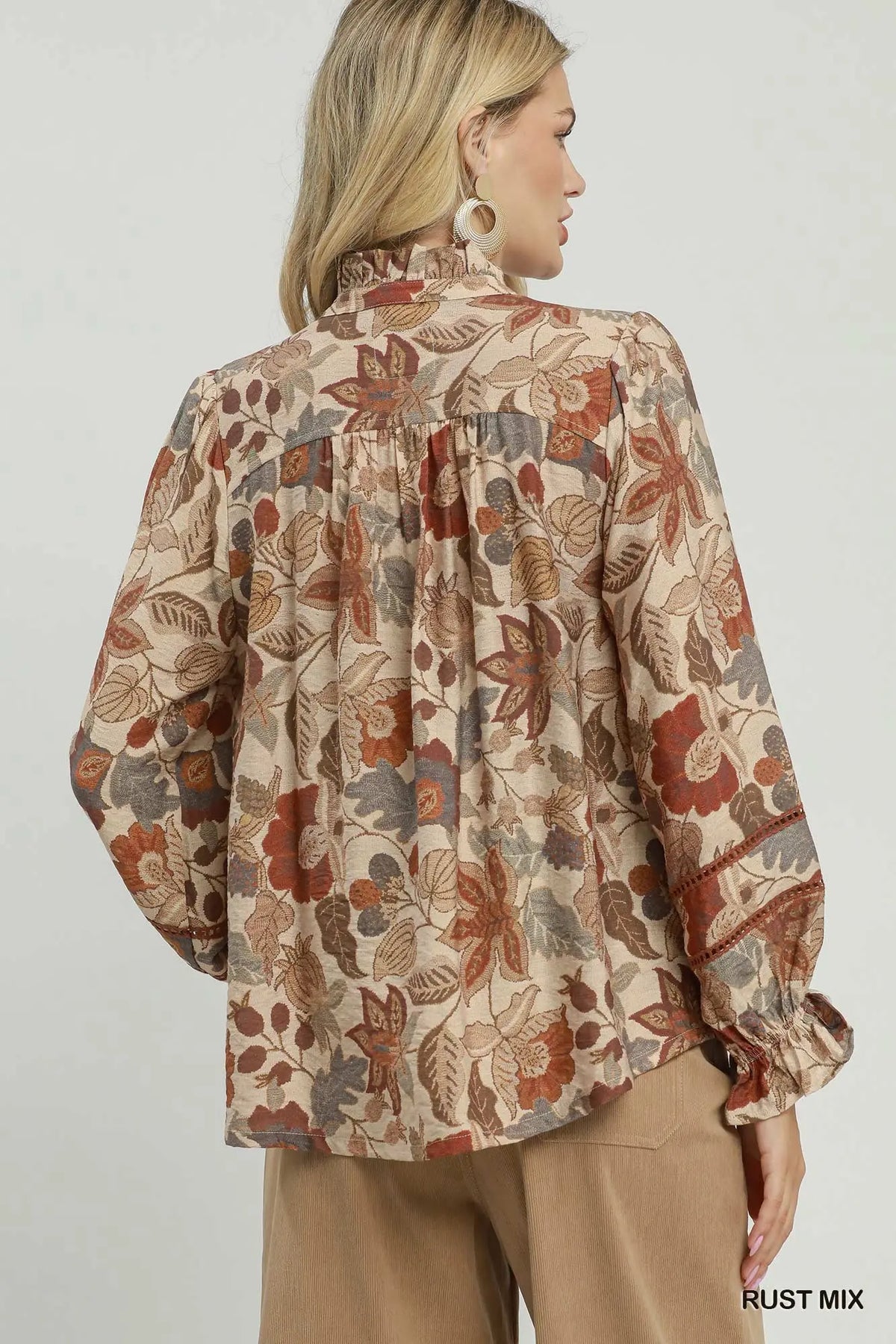 Floral Ruffle Neck Button-Down Blouse