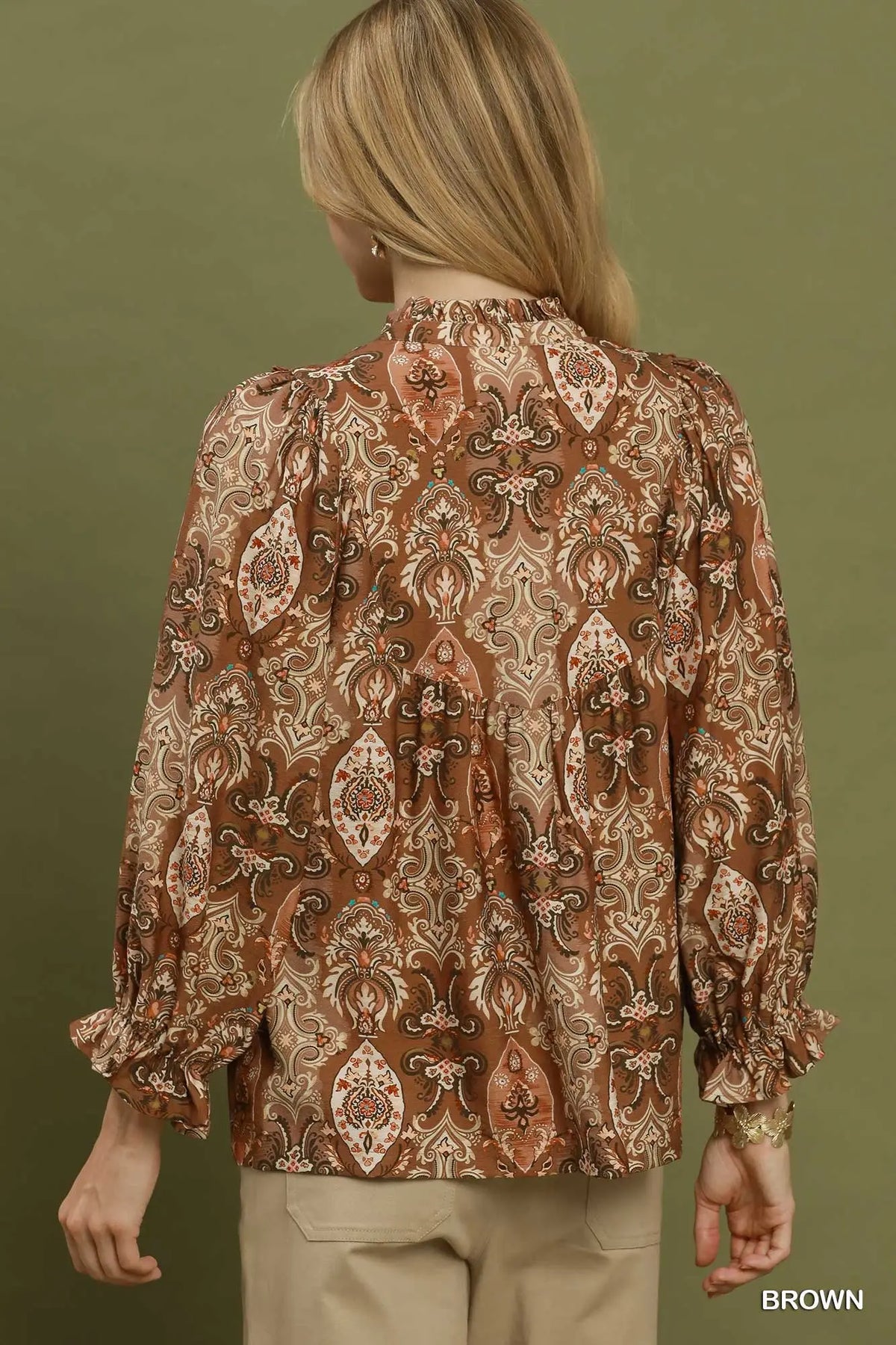 Paisley Print Lace Trim Babydoll Blouse