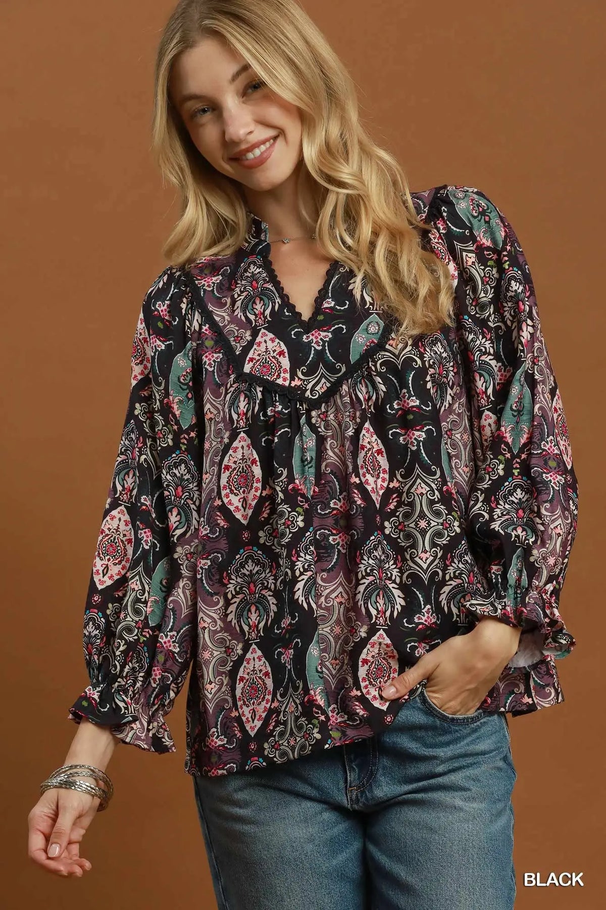 Paisley Print Lace Trim Babydoll Blouse
