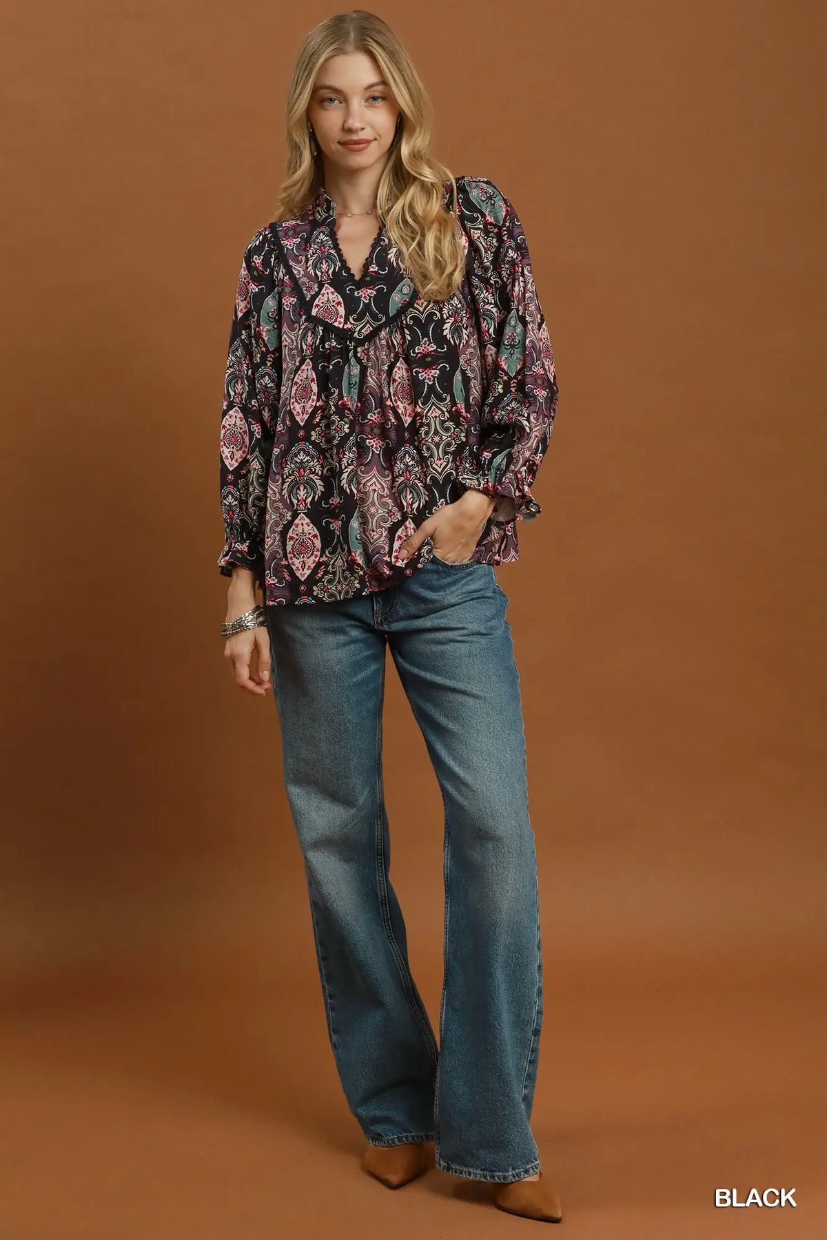 Paisley Print Lace Trim Babydoll Blouse