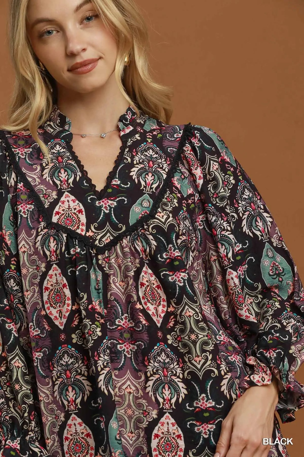 Paisley Print Lace Trim Babydoll Blouse