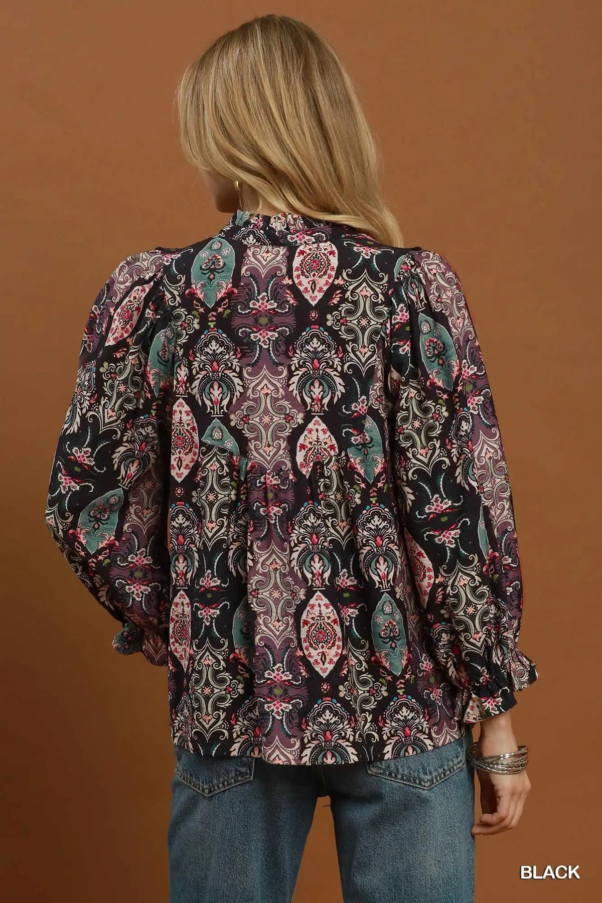 Paisley Print Lace Trim Babydoll Blouse