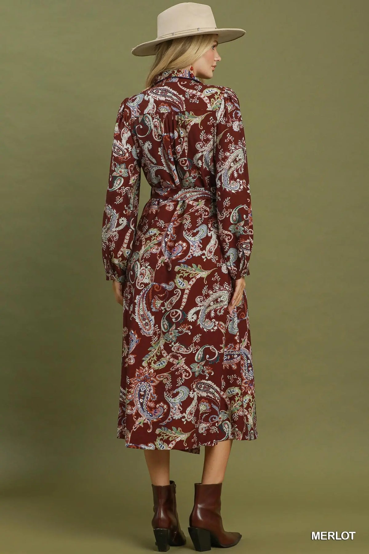 Paisley Print Button-Down Belted Midi Shirt Dress