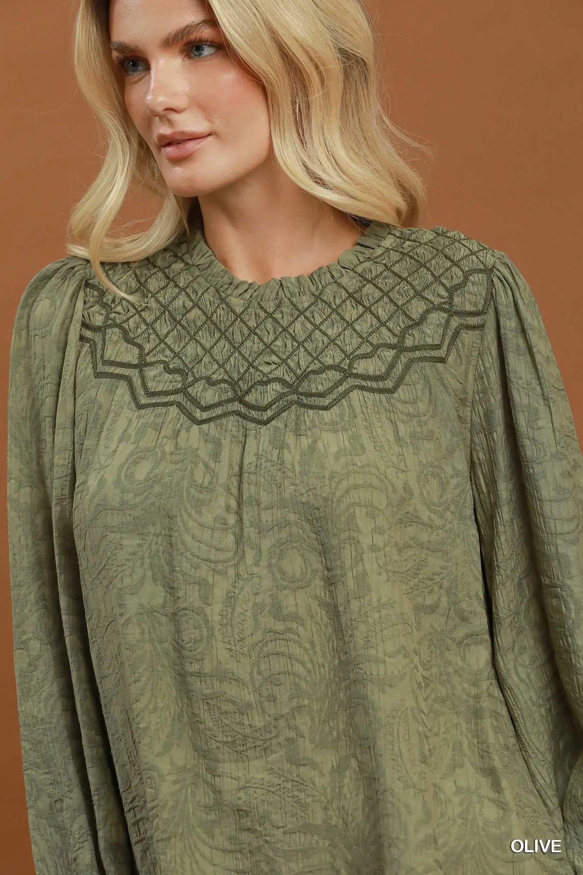 Embroidered Yoke Long Sleeve Top