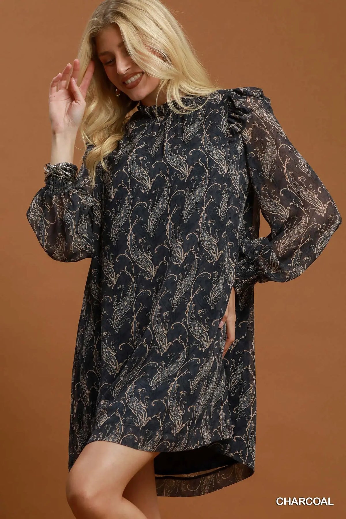 Abstract print mini dress with ruffles