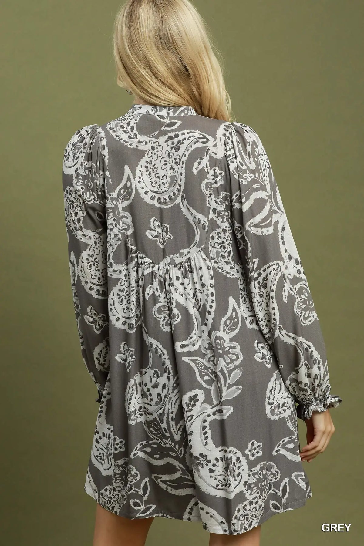 Paisley puff sleeve vneck dress with scallop lace