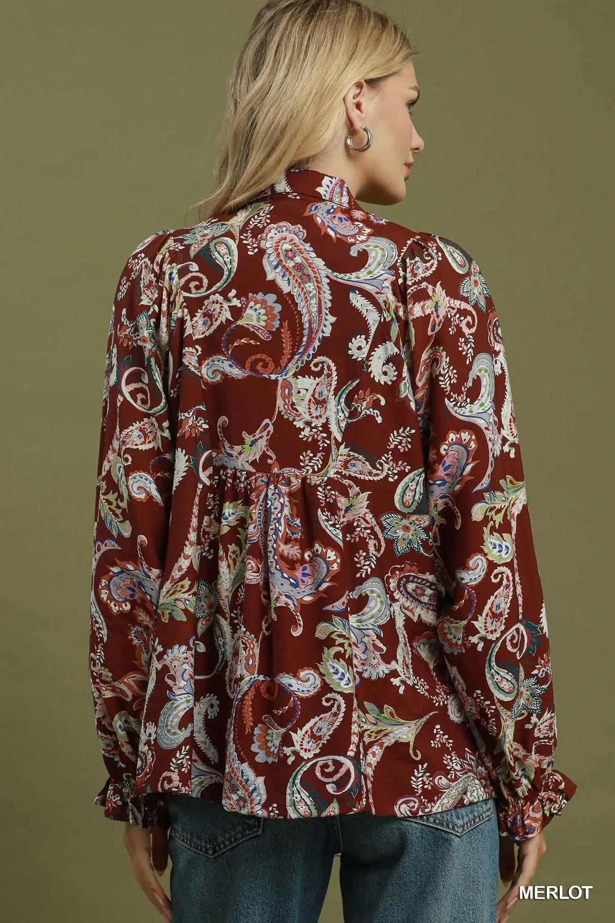 Floral paisley smocked blouse with puff sleeve