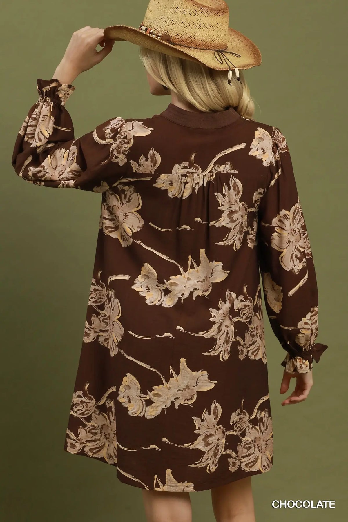 Floral print corduroy stitch vneck dress
