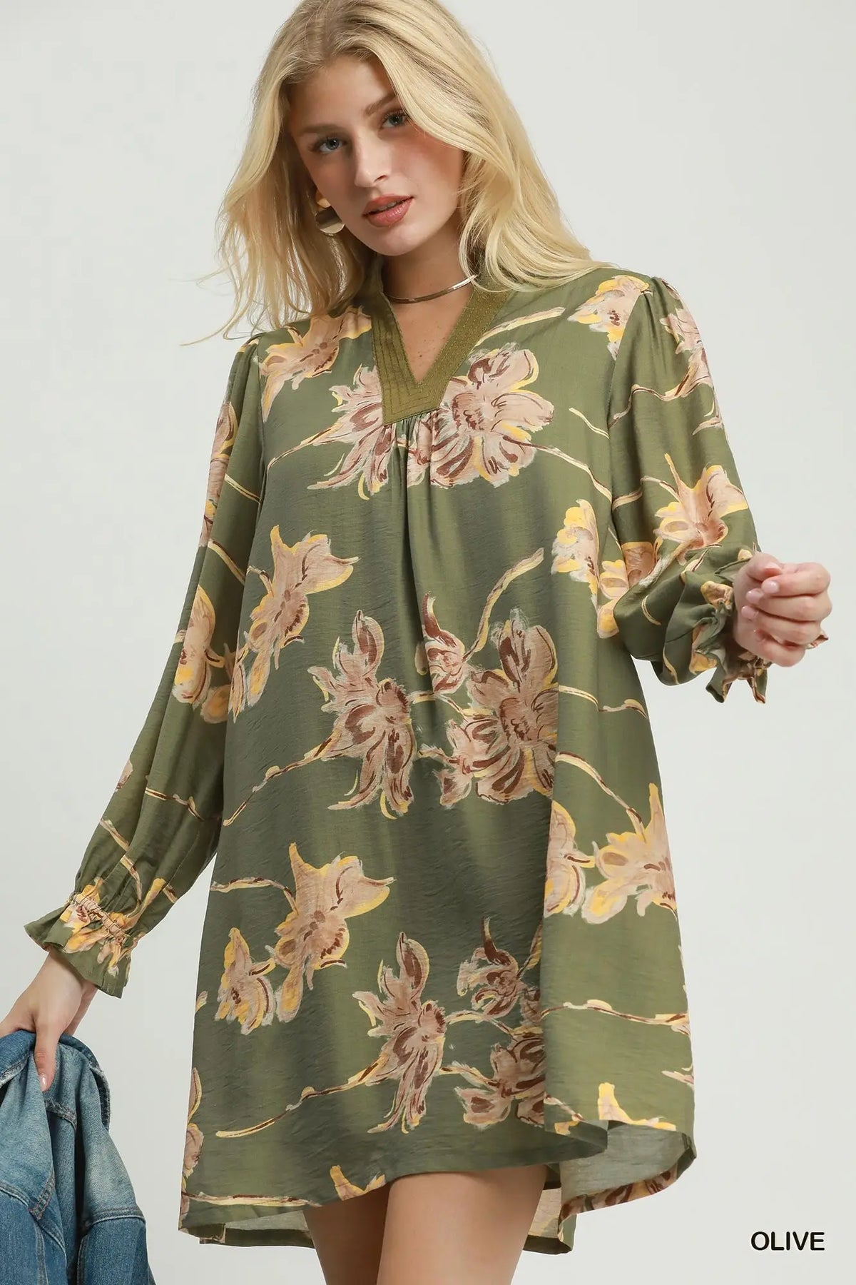 Floral print corduroy stitch vneck dress