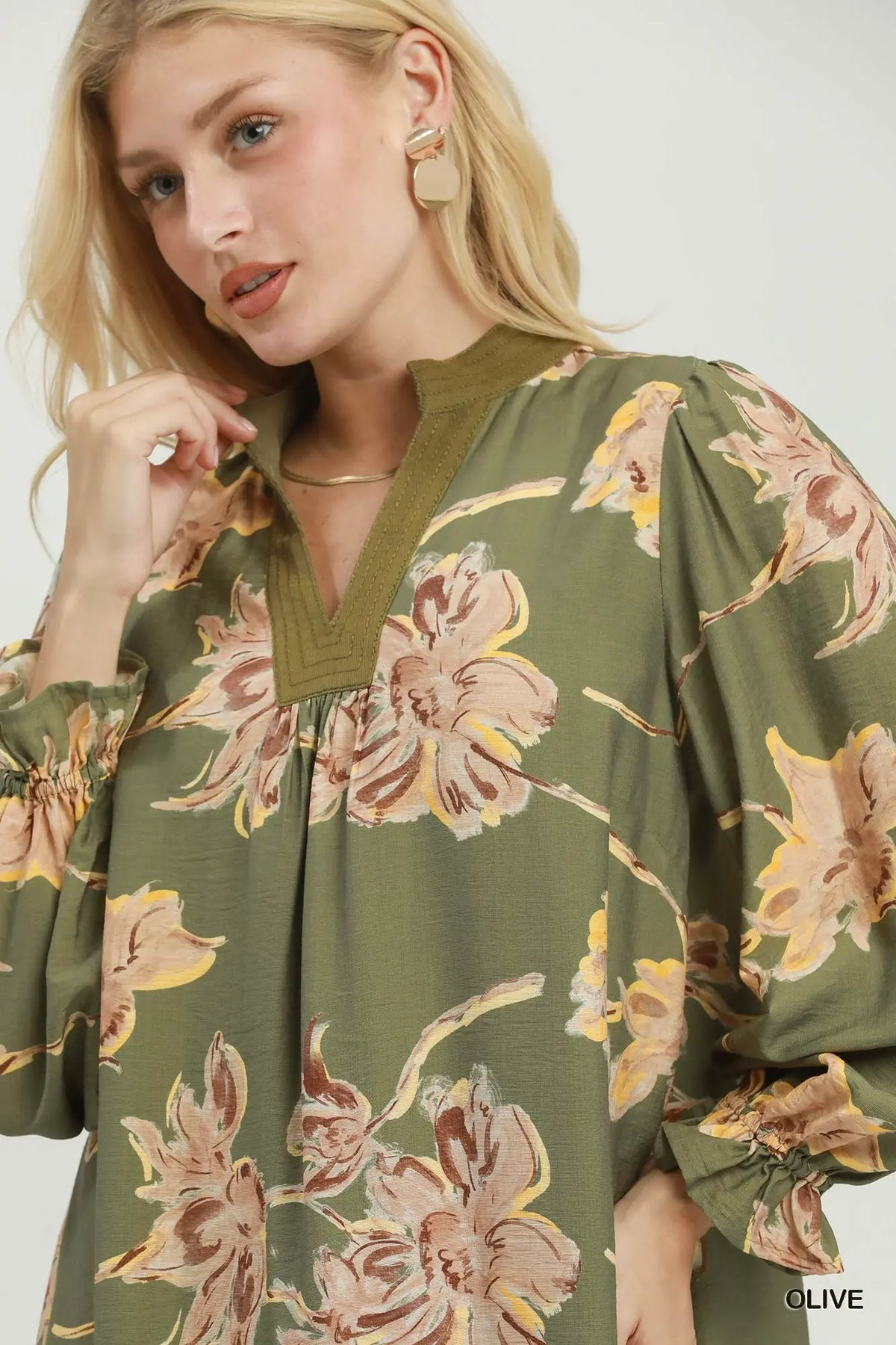 Floral print corduroy stitch vneck dress