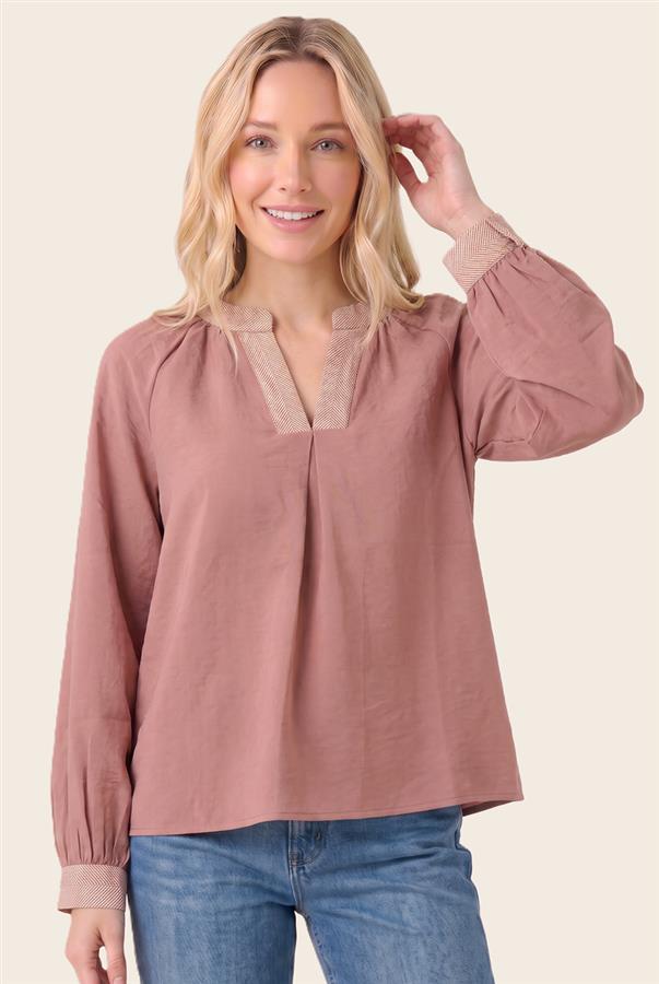 Split neck long sleeve top
