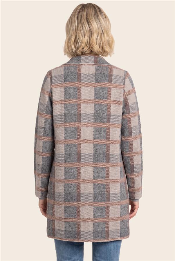 Check jacquard tailored collar open front cardigan