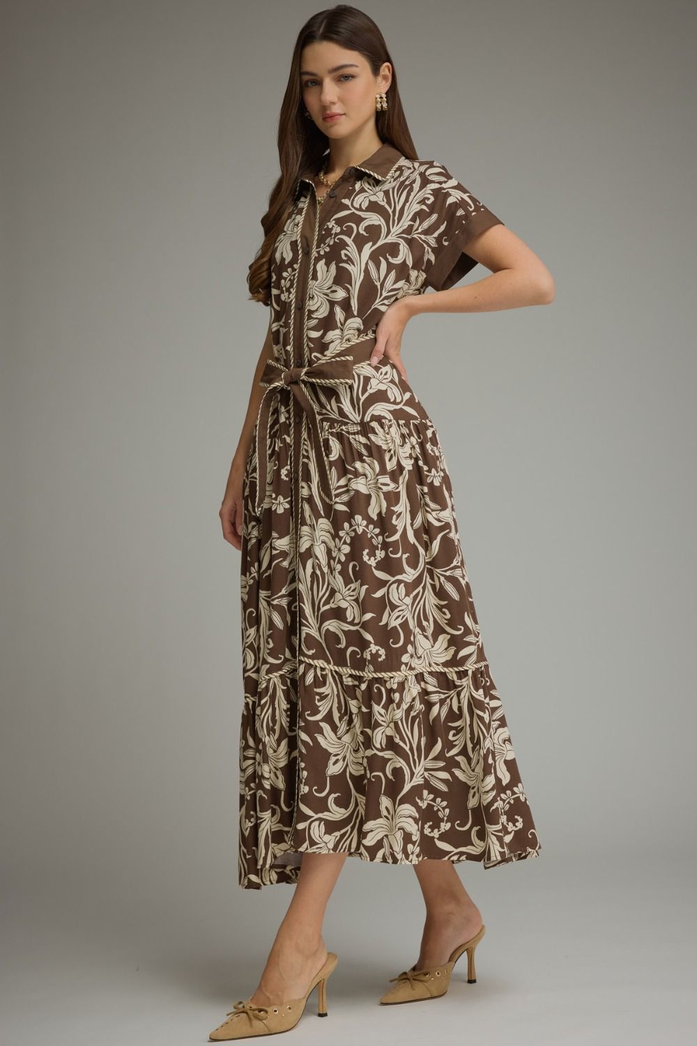 Patterned collared maxi dress with stripe trim