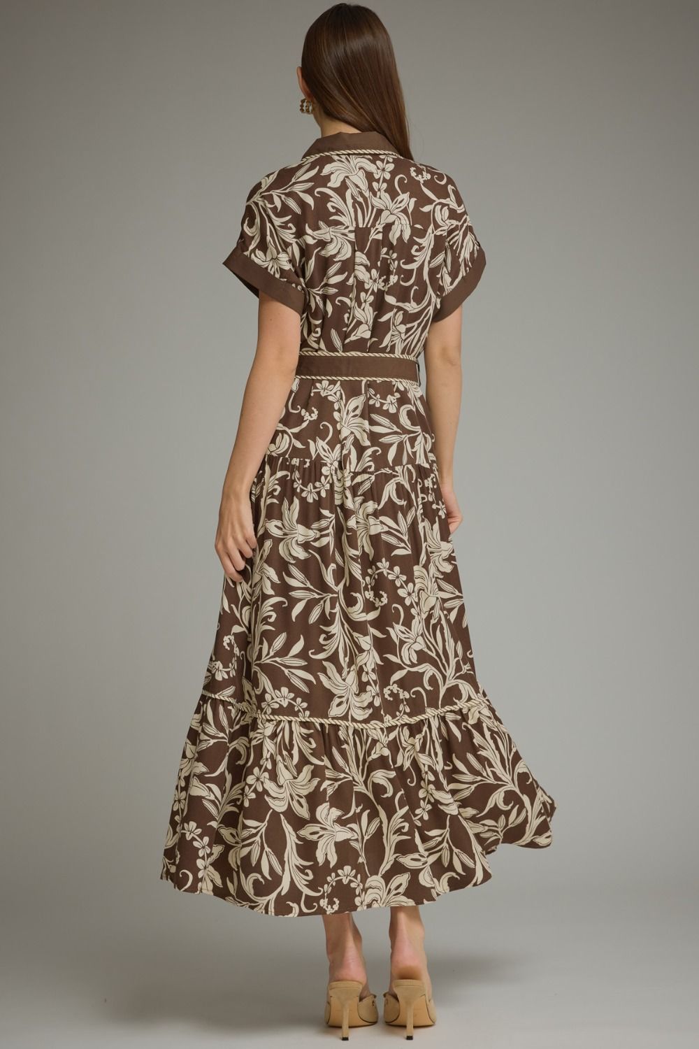 Patterned collared maxi dress with stripe trim
