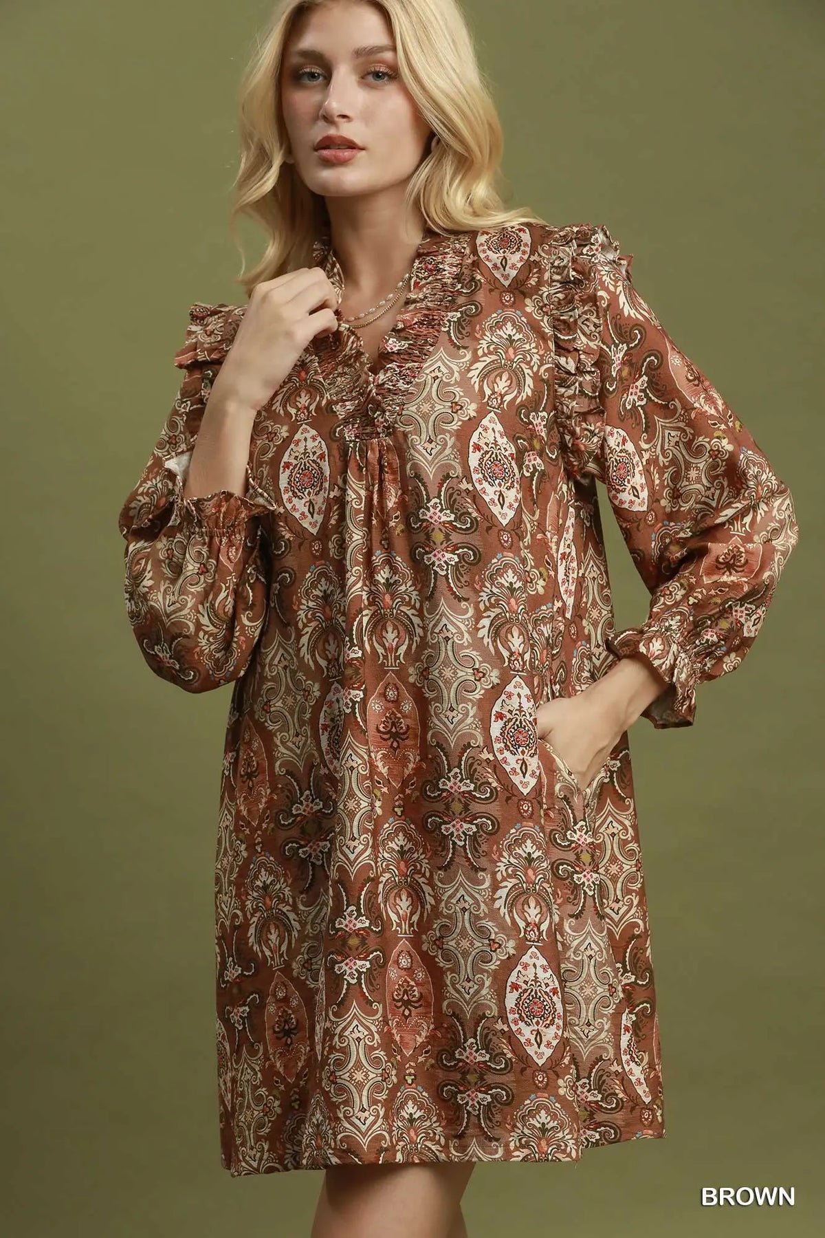 Floral print smocked ruffle neck puff sleeve dress