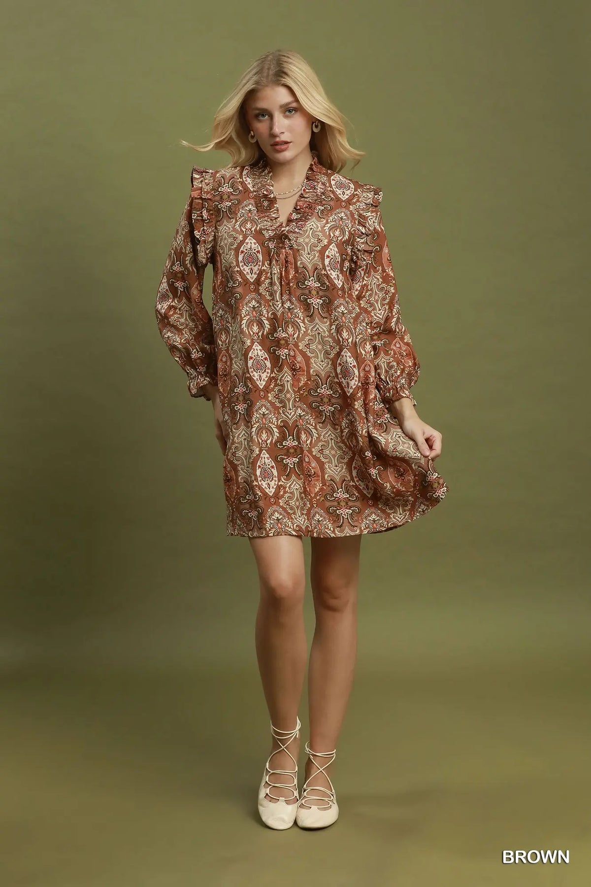 Floral print smocked ruffle neck puff sleeve dress