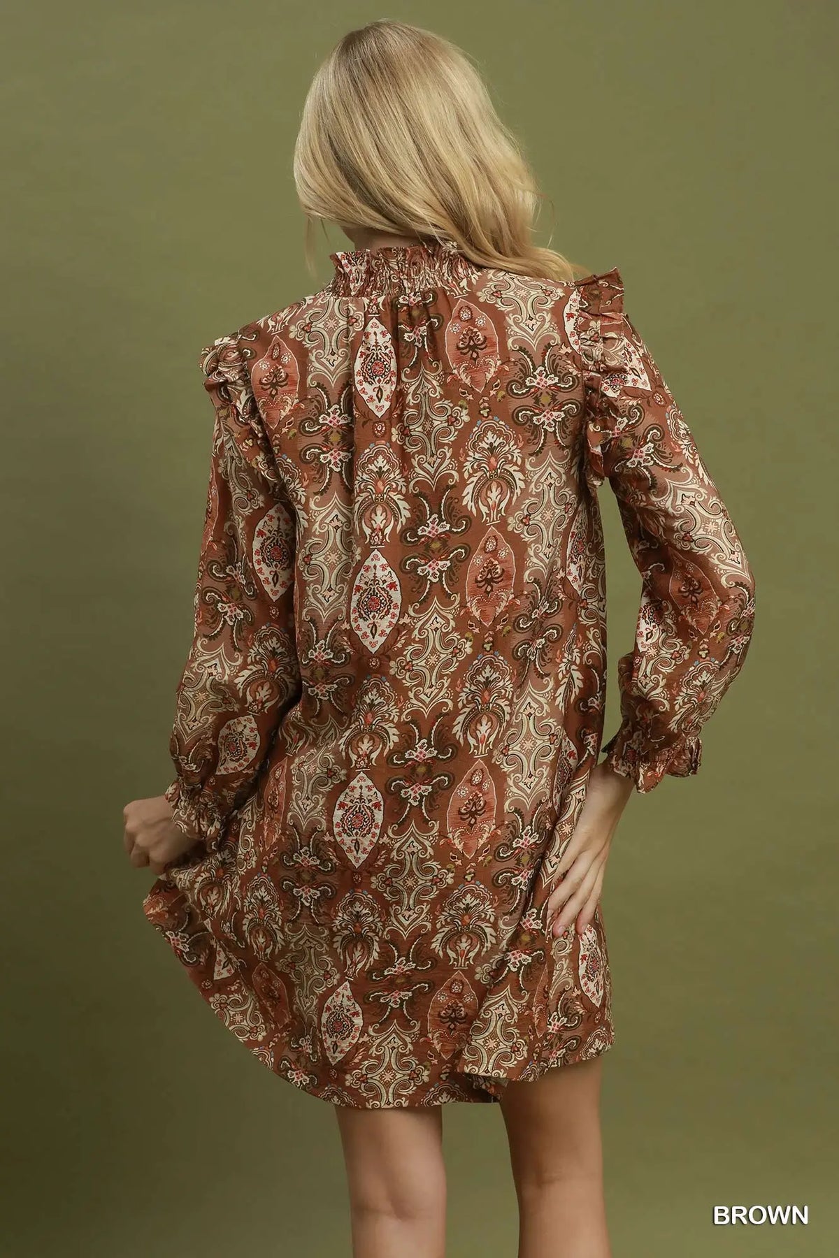 Floral print smocked ruffle neck puff sleeve dress