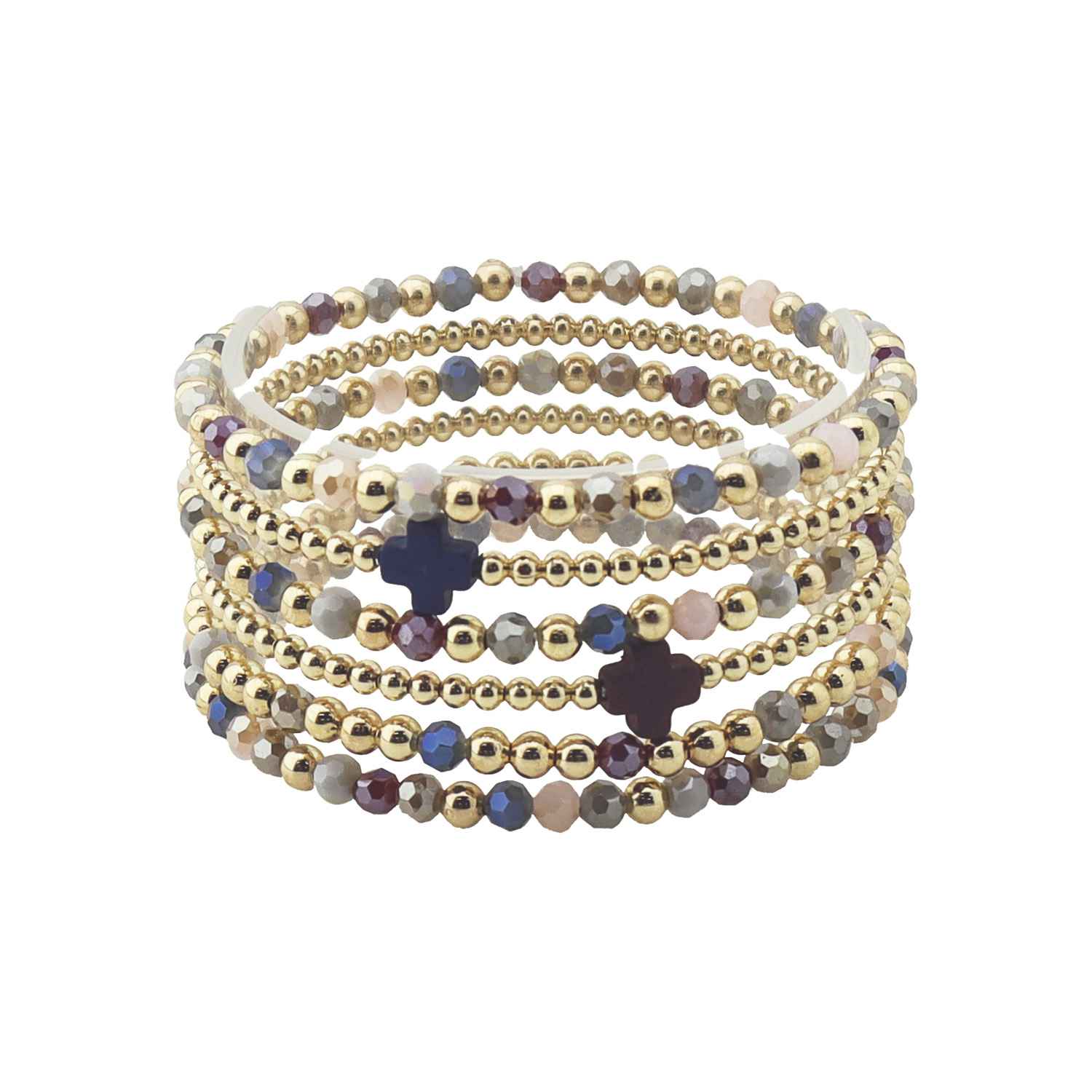 Crystal and Gold Beaded Set of 5 with Crosses Stretch Bracelet
