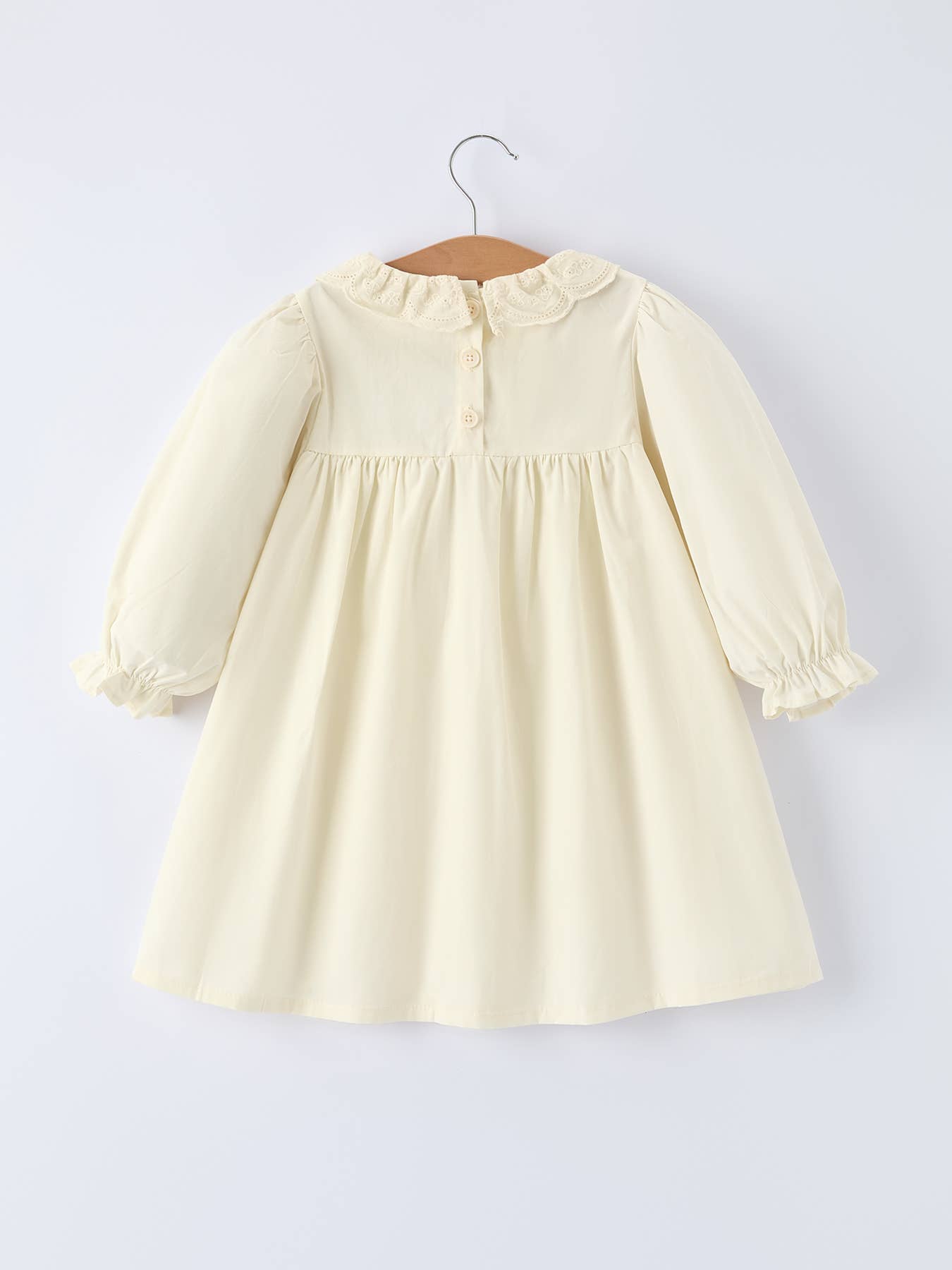 Toddler Girl Long Sleeve Dress, Floral Embroidery, White/Khaki