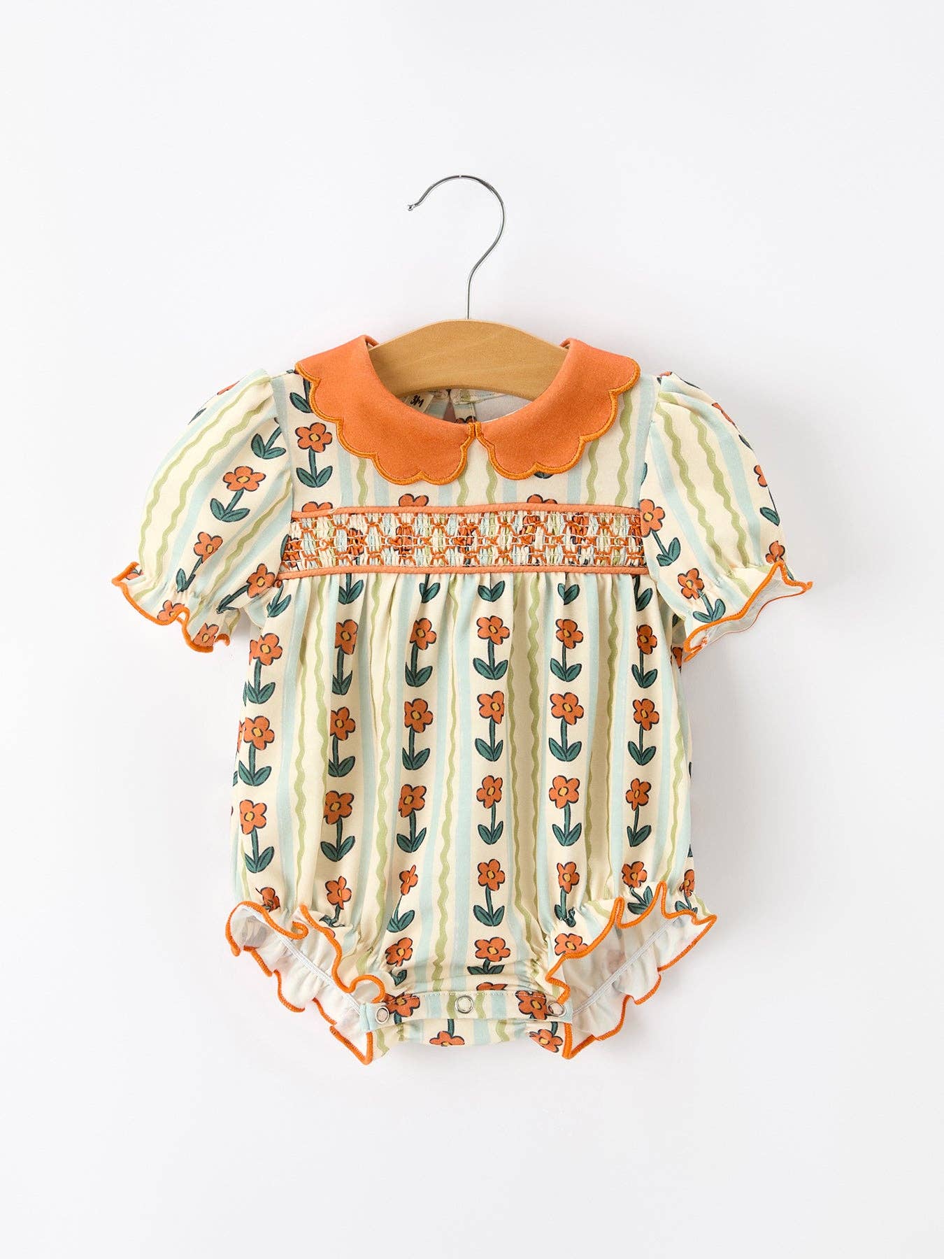 Fall Floral Stripe Baby Romper Petals Collar Smocked Puff Sleeve