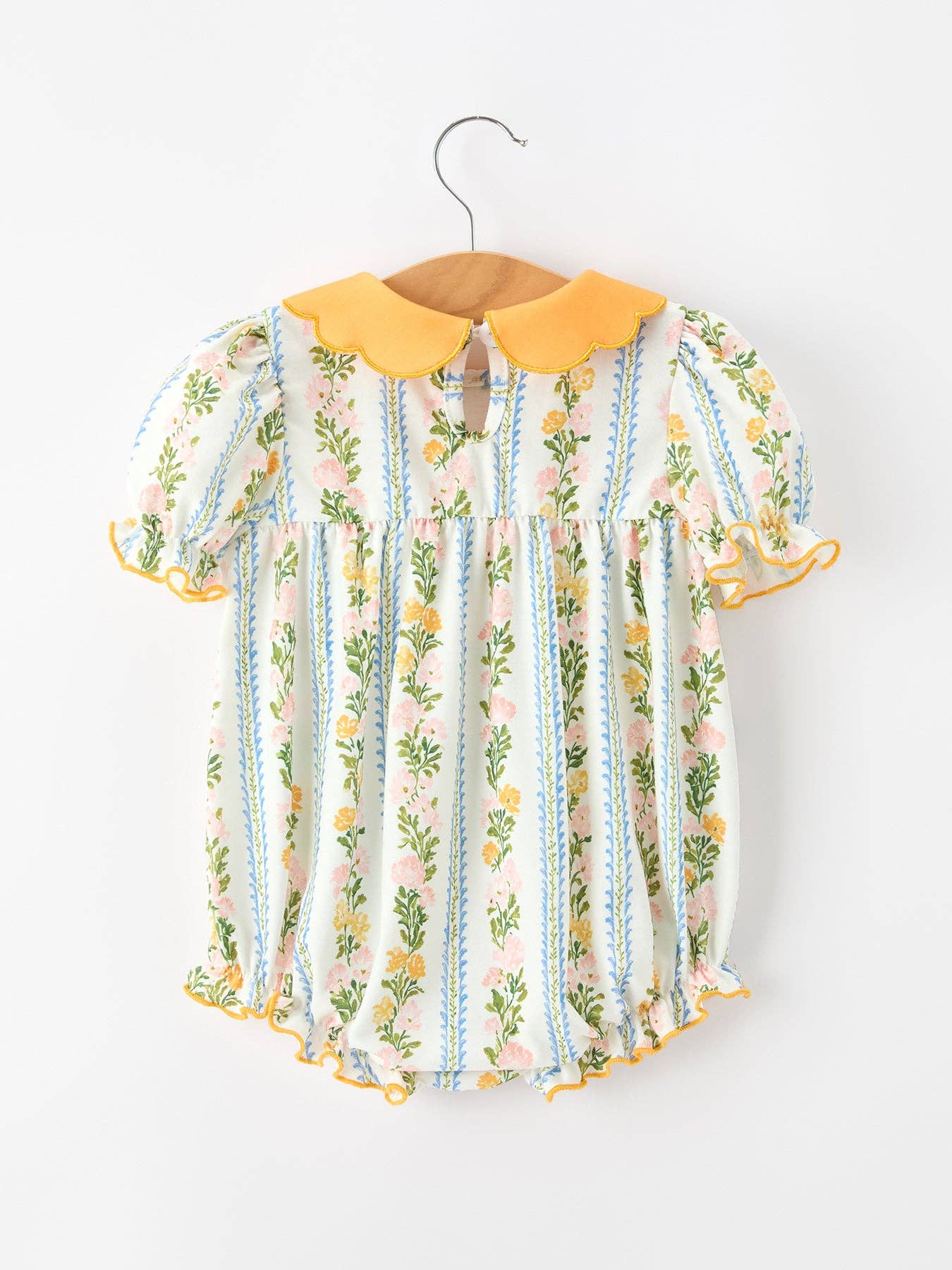 Fall Smocked Floral & Stripe Baby Girl Romper with Scallop Collar